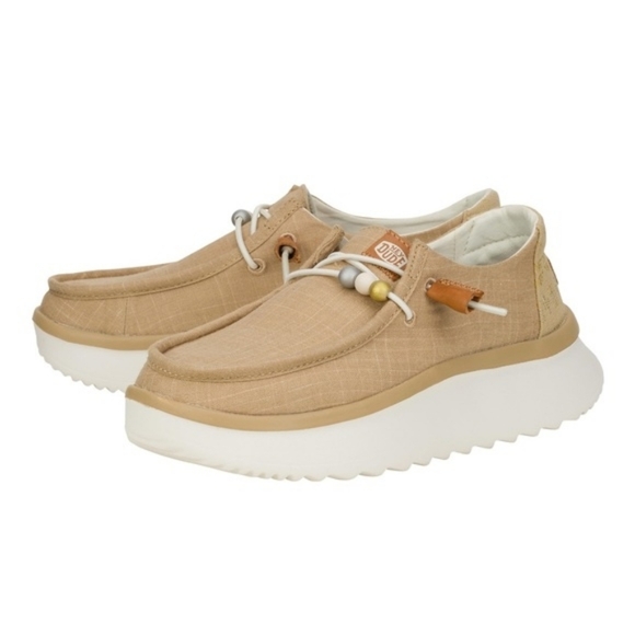 HEY DUDE Wendy Peak Baja Stripe Moc Toe Slip On Shoes Beaded Laces Metallic Gold - Picture 1 of 16